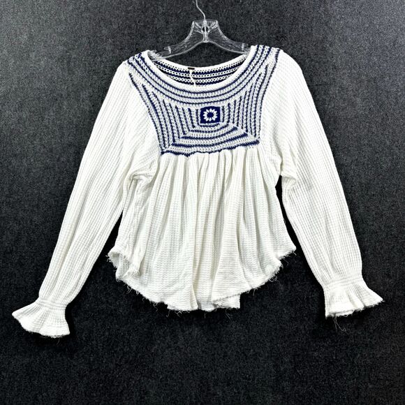 Free People Soul Mate Blouse Women's Extra Small White Blue Thermal Long Sleeve - Picture 1 of 8